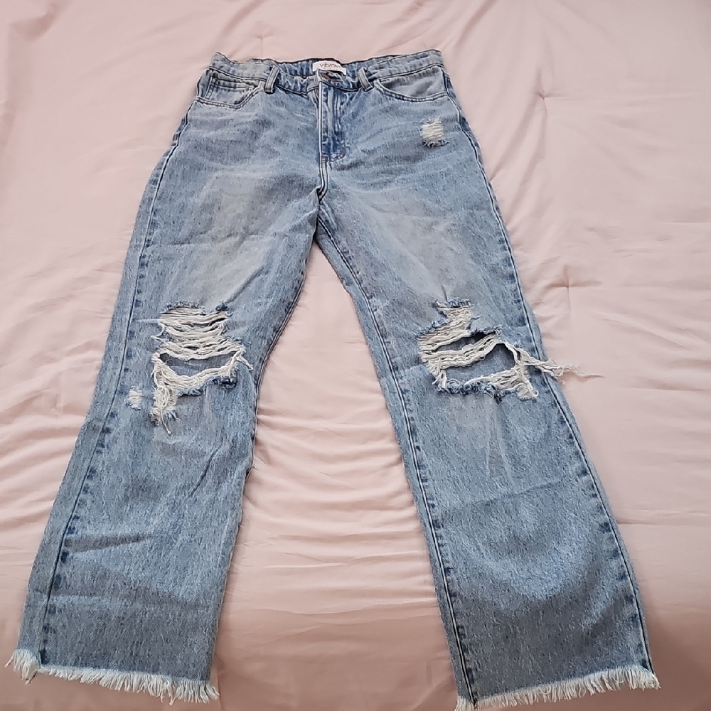 Trendy Distressed Blue Straight Leg Jeans